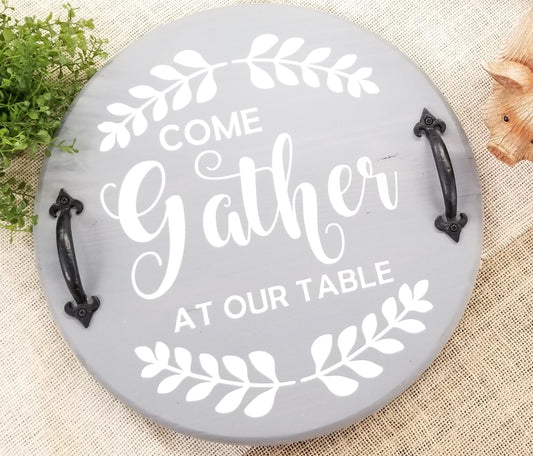 Rustic Farmhouse Round Wood Tray, 16", Hand-painted