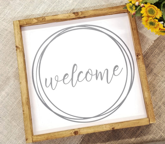 Welcome in Circles Farmhouse Wood Sign, Framed, 12" x 12"