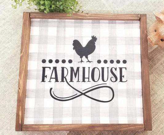 Farmhouse Wood Sign with Chicken, Gray Buffalo Plaid