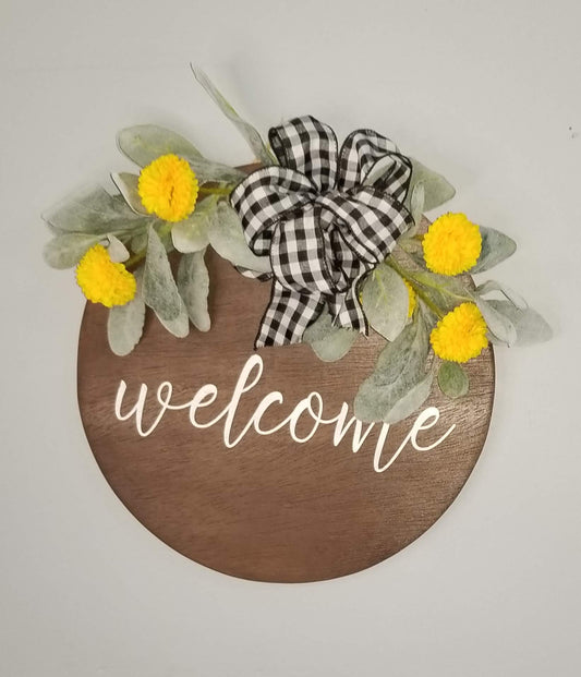 Welcome Round Sign, 12", Brown