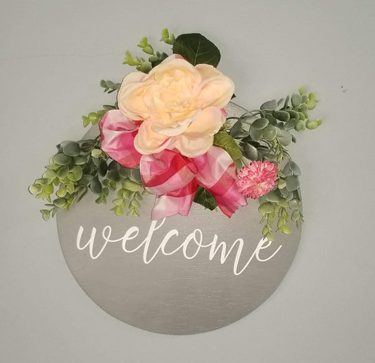 Welcome Round Sign, 12", Gray
